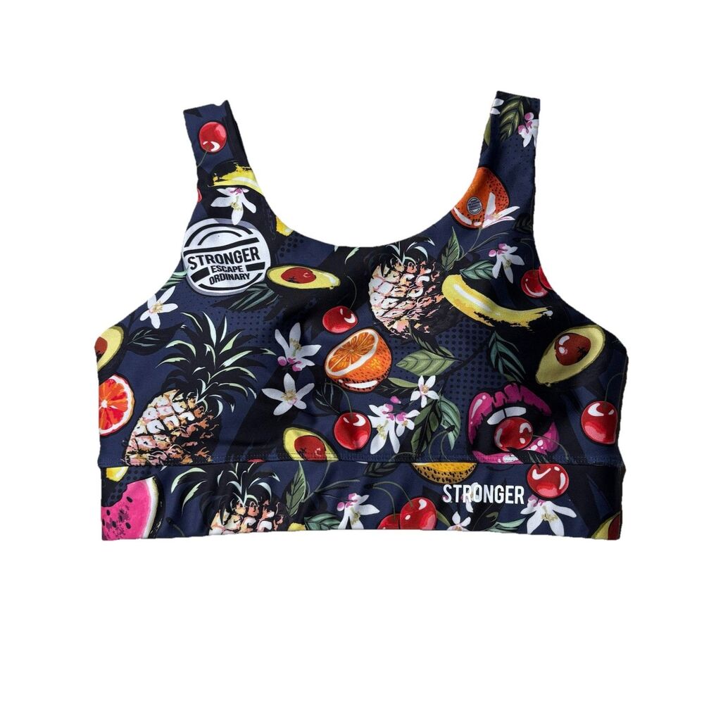 Stronger Label High Support Navy Blue Fruit Sports Bra Size Medium Mesh Lining